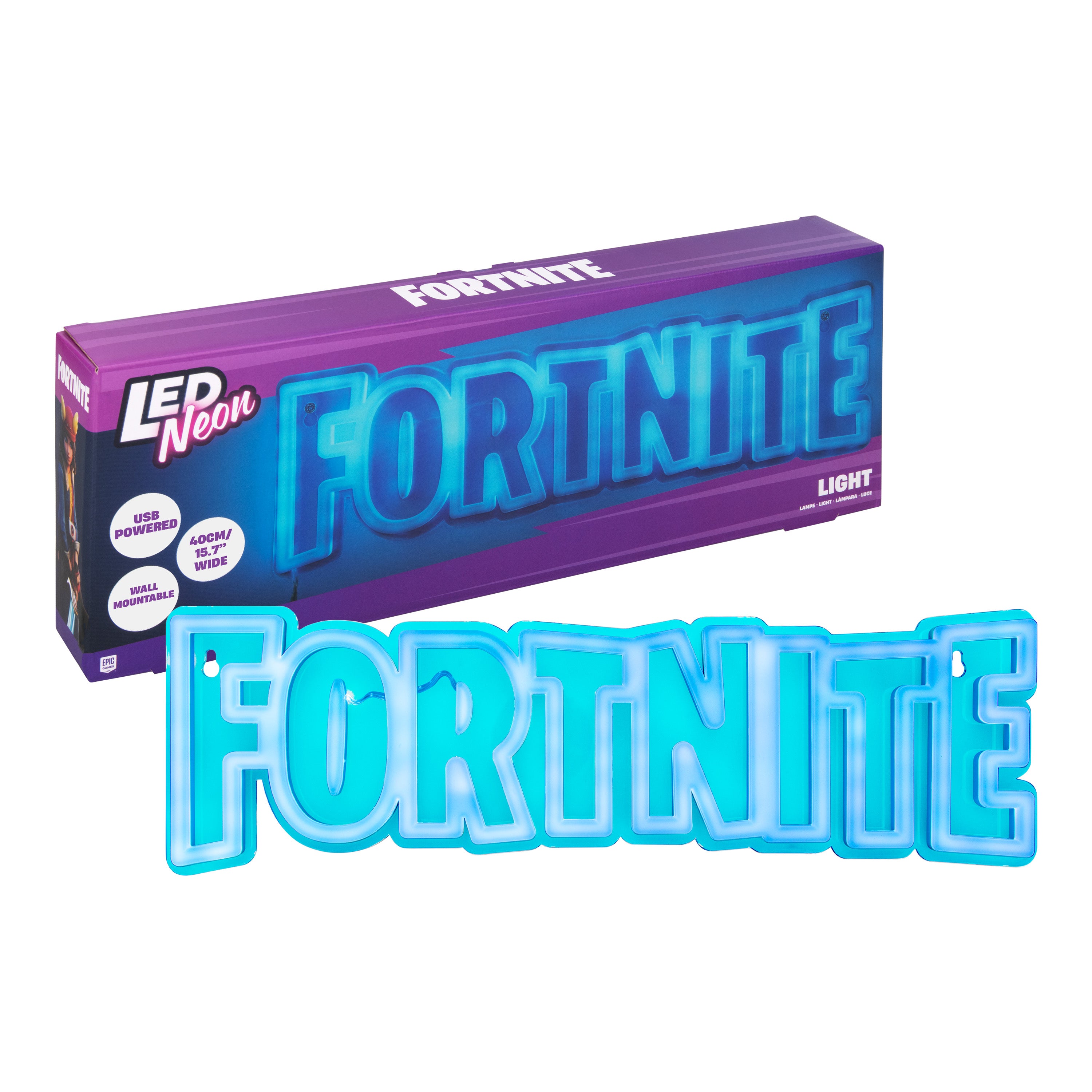 Blue 'Fortnite' LED neon light with purple packaging on a white background