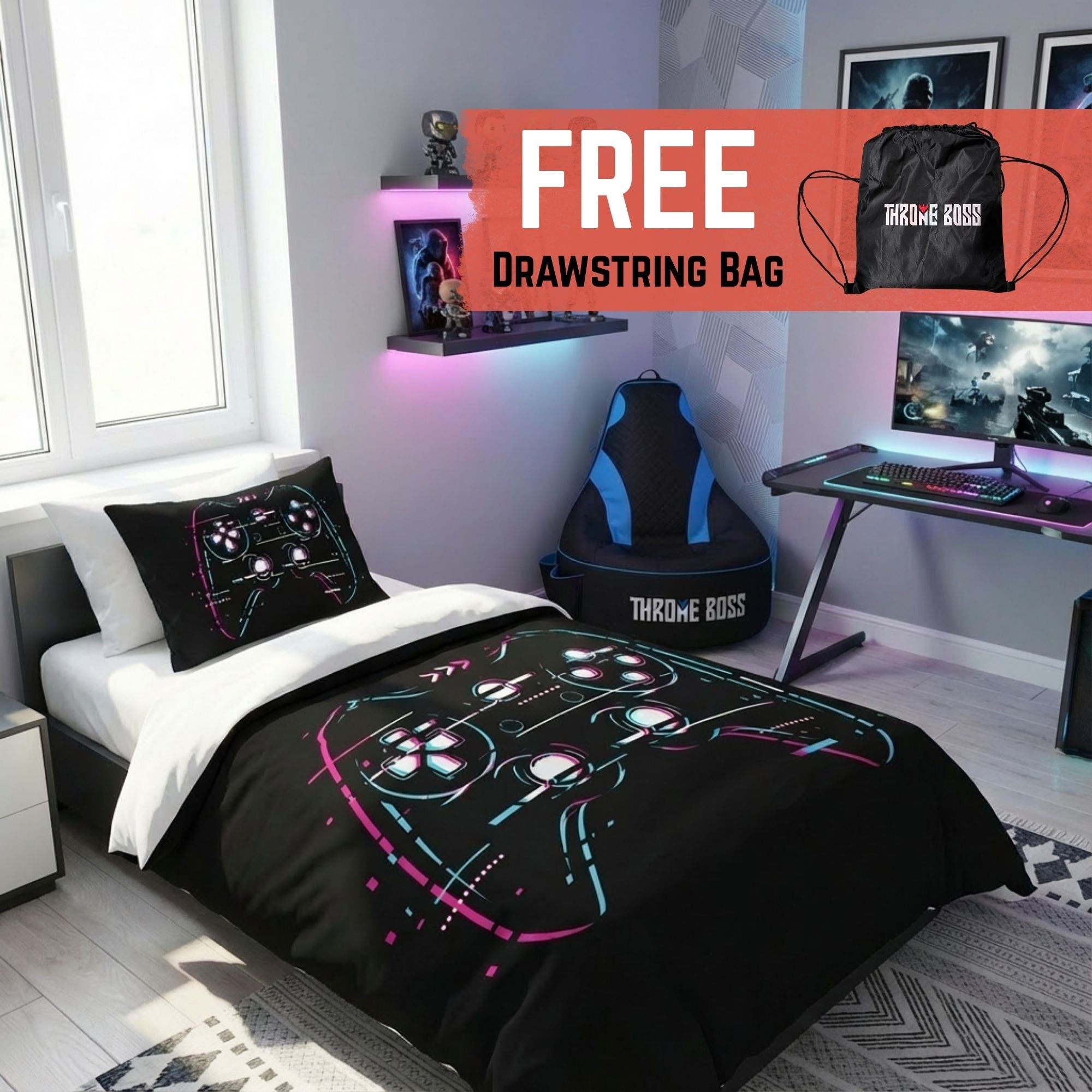 Gaming Quilt Cover Set - Black Glitch Controller - Throne Boss Australia