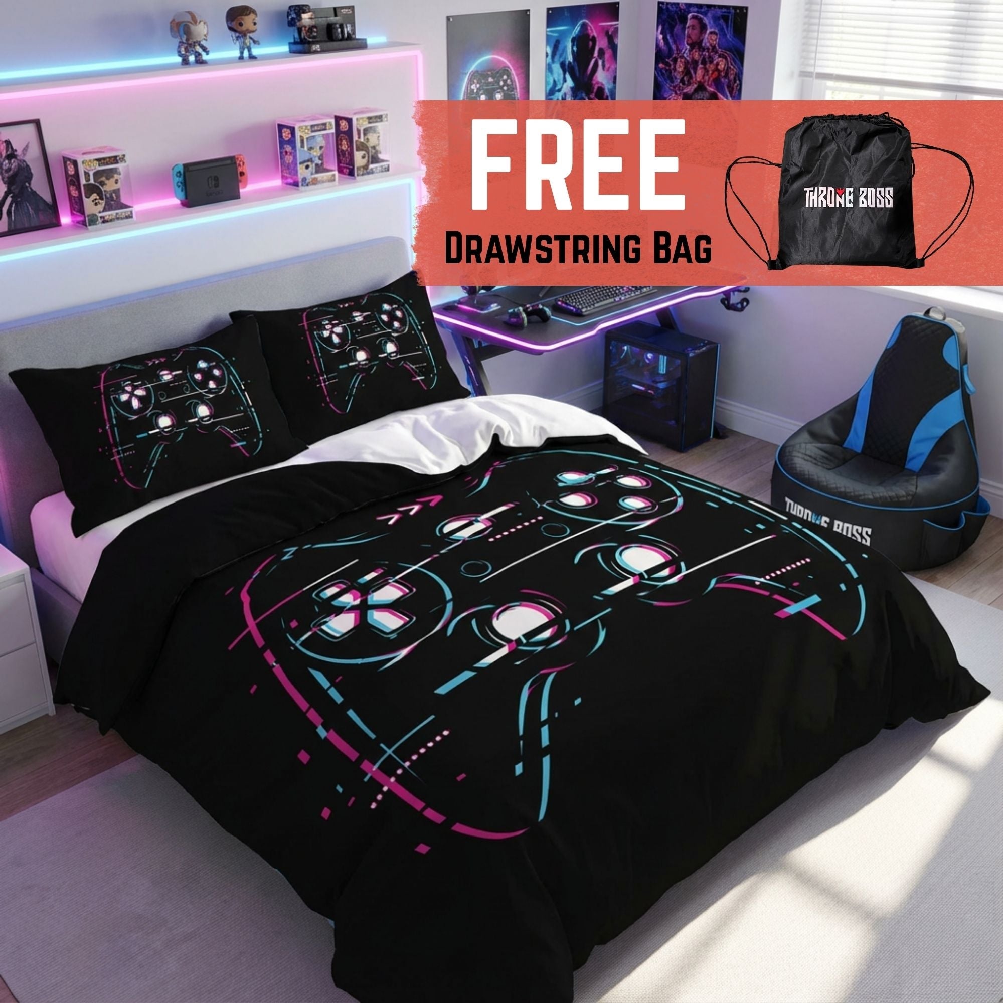 Gaming Quilt Cover Set - Black Glitch Controller - Throne Boss Australia