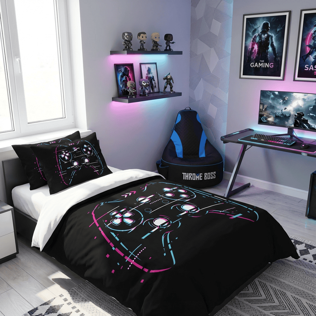 Gaming Quilt Cover Set - Black Glitch Controller - Throne Boss Australia