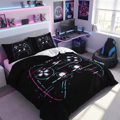 Gaming Quilt Cover Set - Black Glitch Controller - Throne Boss Australia