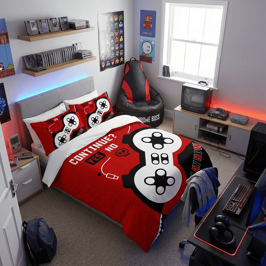 Gaming Quilt Cover Set - Black/Red Controller - Throne Boss Australia