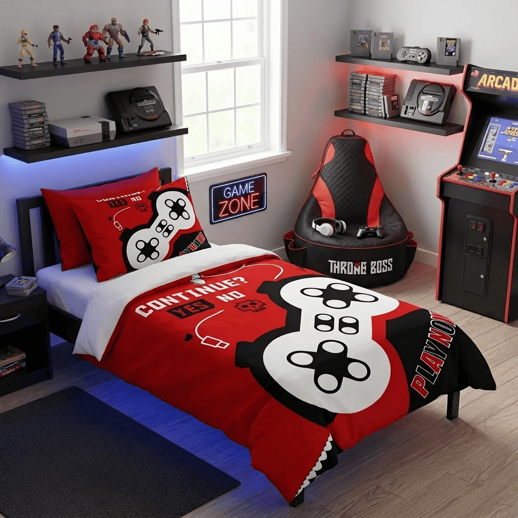 Gaming Quilt Cover Set - Black/Red Controller - Throne Boss Australia