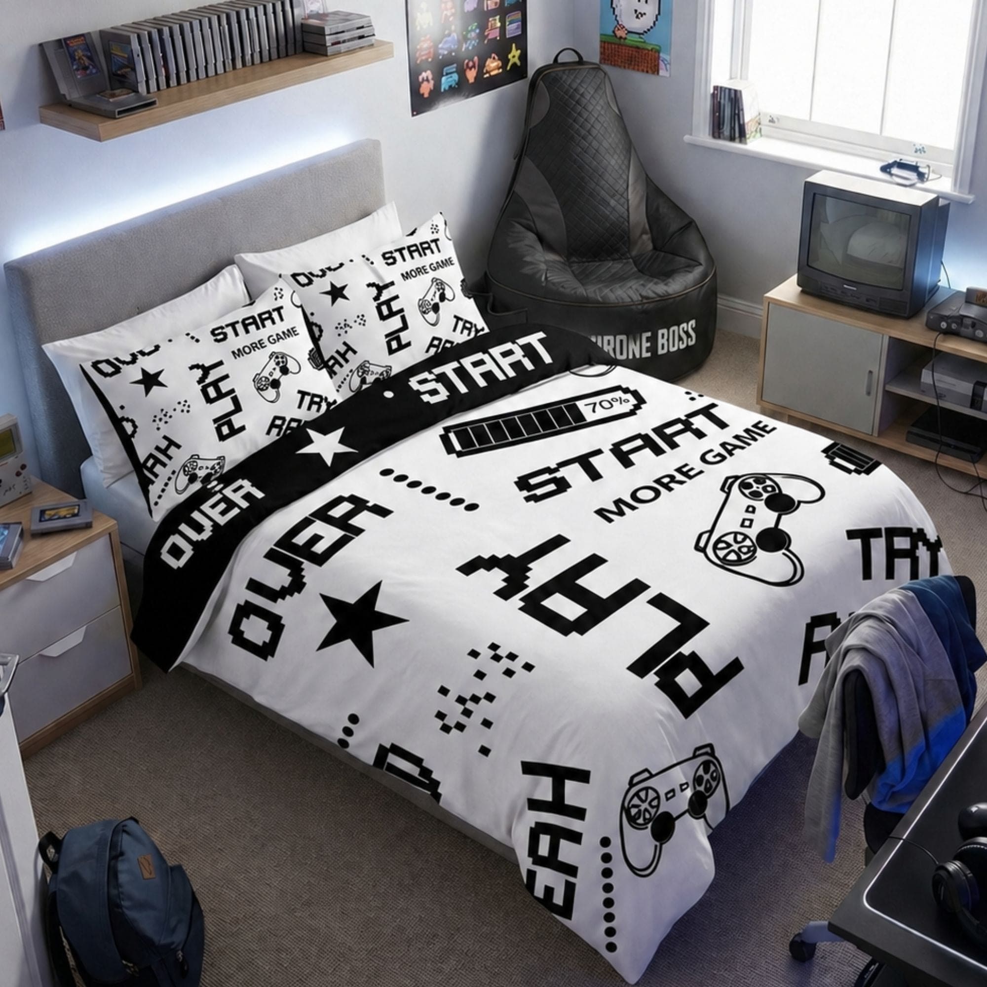 Gaming Quilt Cover Set - Black/White Reversible - Throne Boss Australia