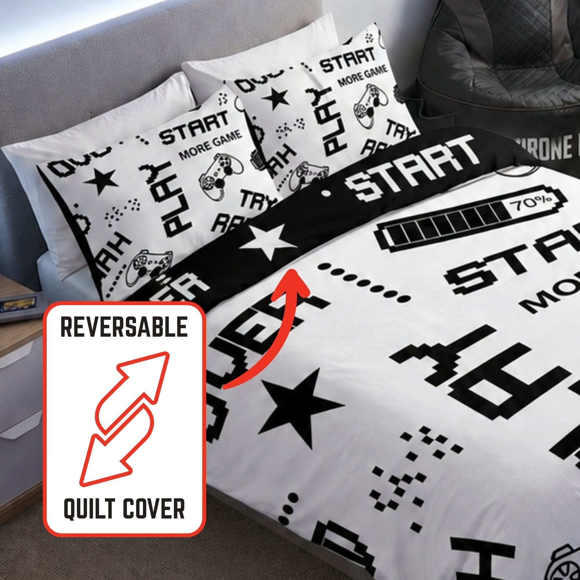 Gaming Quilt Cover Set - Black/White Reversible - Throne Boss Australia