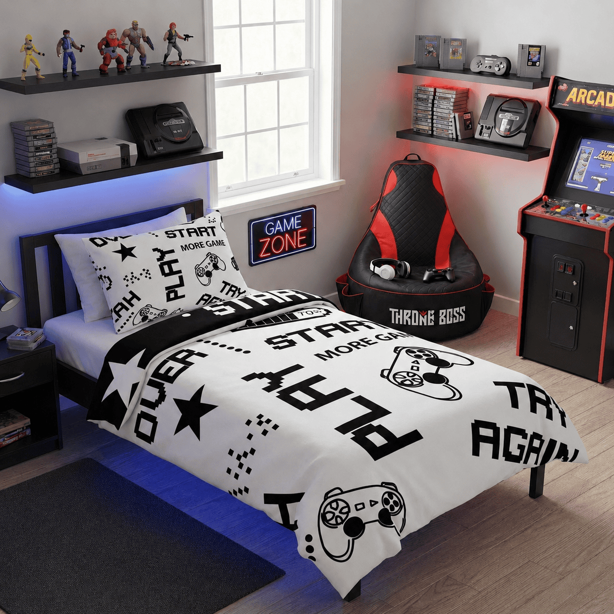 Gaming Quilt Cover Set - Black/White Reversible - Throne Boss Australia