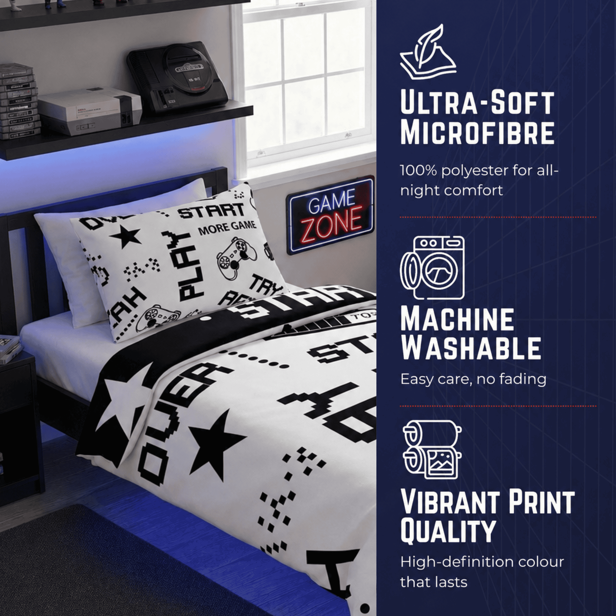 Gaming Quilt Cover Set - Black/White Reversible - Throne Boss Australia
