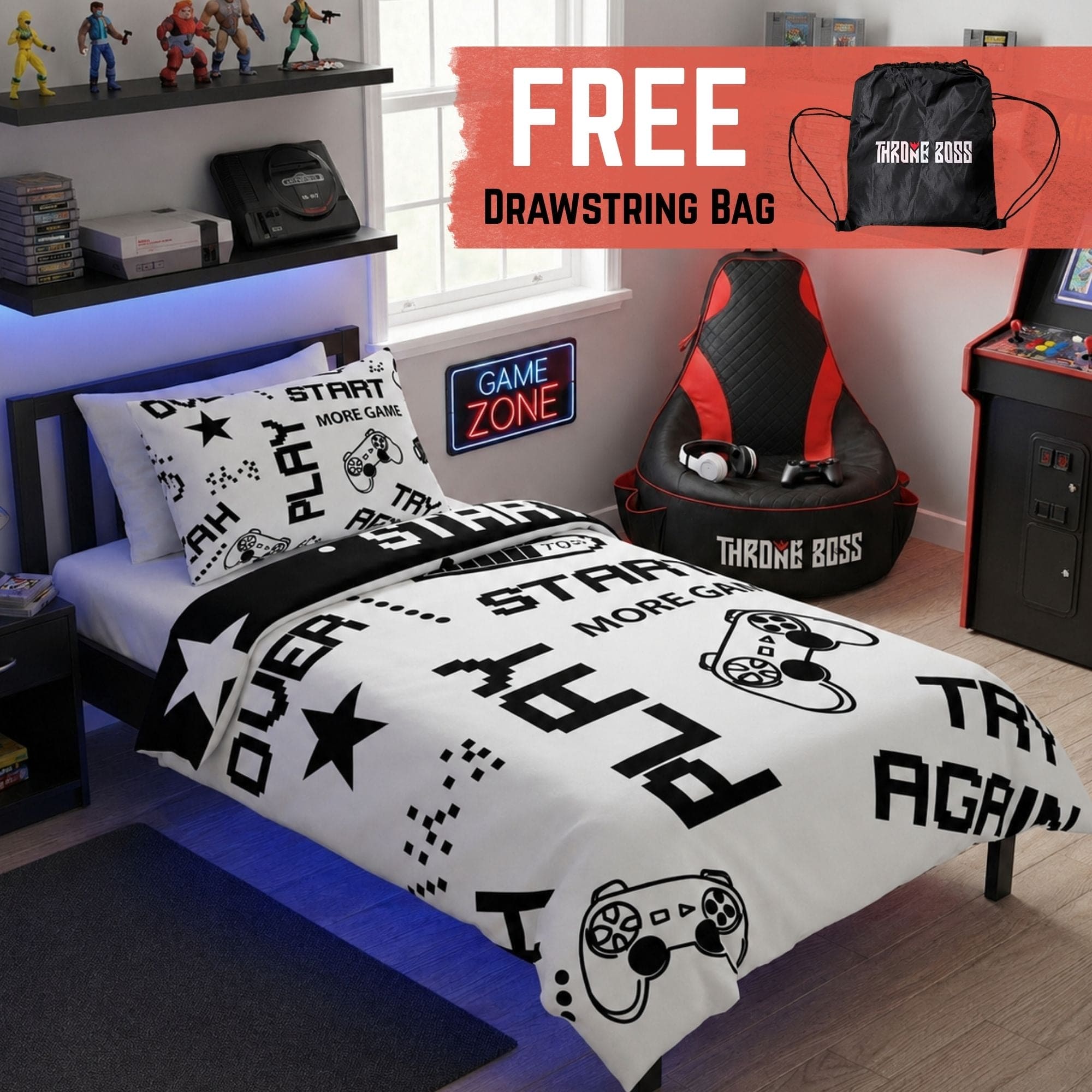 Gaming Quilt Cover Set - Black/White Reversible - Throne Boss Australia