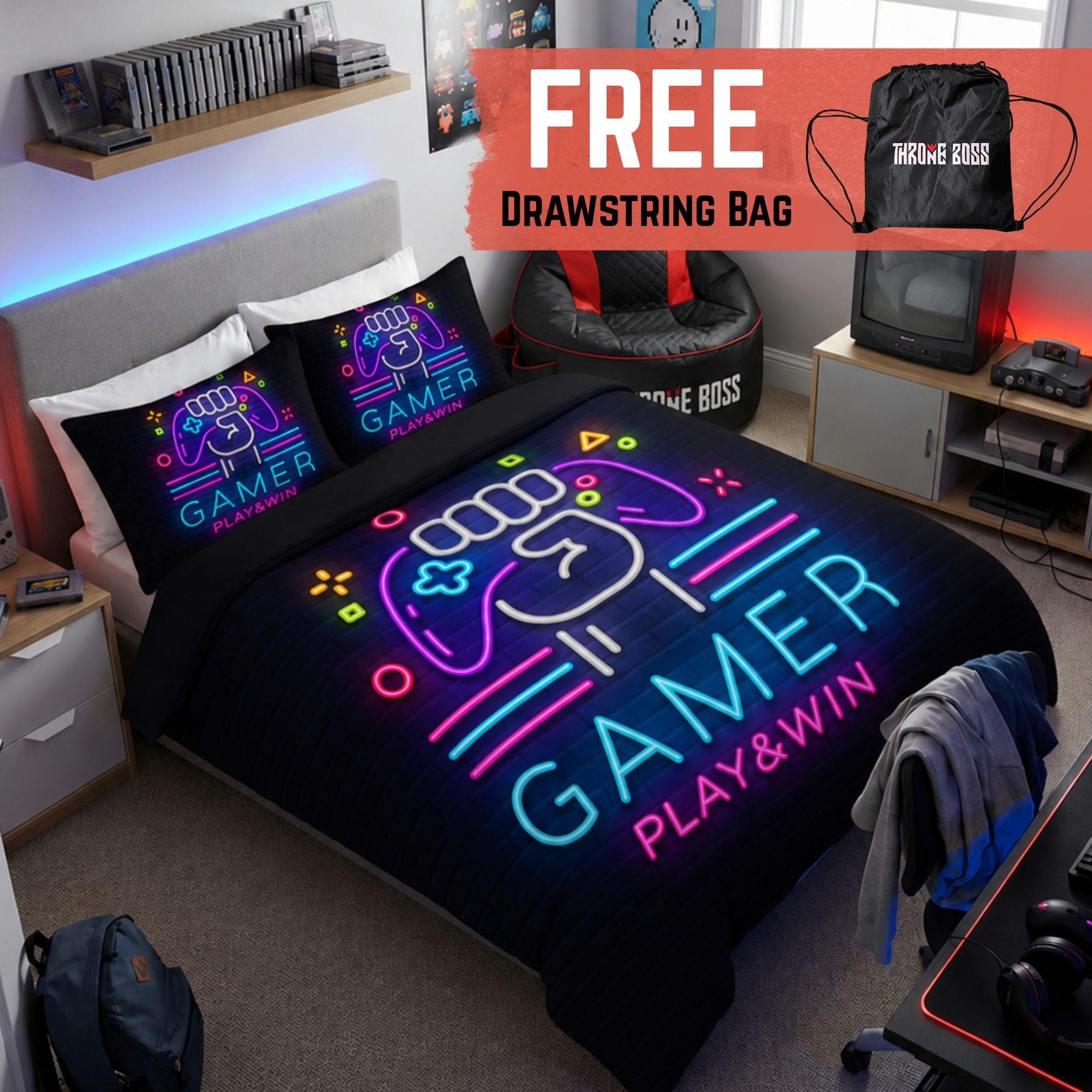 Gaming Quilt Cover Set - Neon Black - Throne Boss Australia