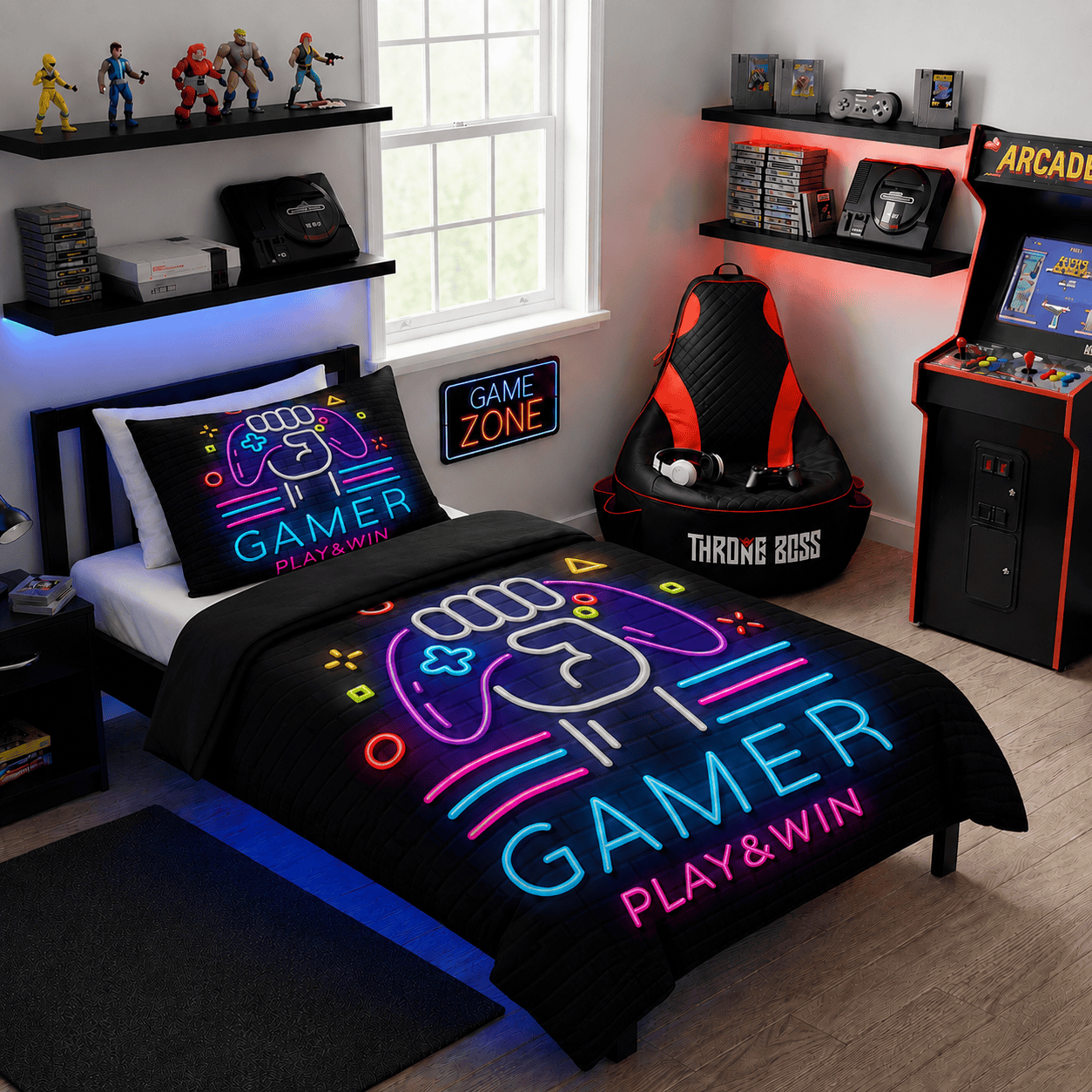 Gaming Quilt Cover Set - Neon Black - Throne Boss Australia