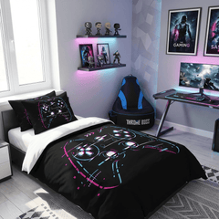 Gaming Quilt Cover Set - Black Glitch Controller - Throne Boss Australia